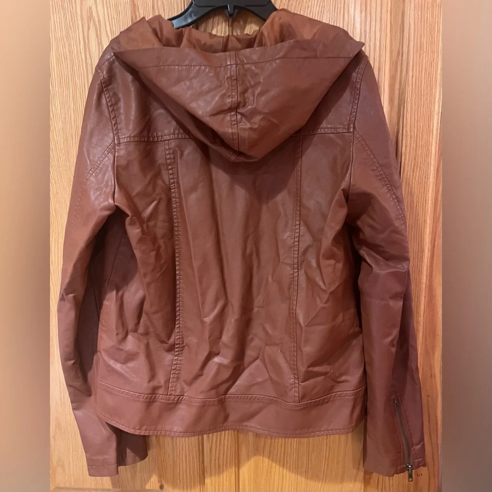 TOBI Vegan Faux Leather Hooded Motorcycle Moto‎ Zippered Brown Jacket Size Small